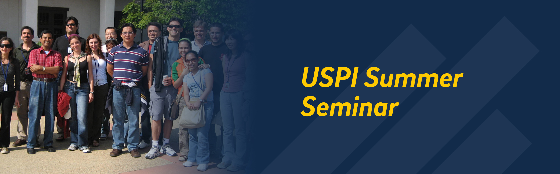 Group photo of summer seminar participants outside; the right side has a dark blue overlay with the UC San Diego branded element of a stylized trident