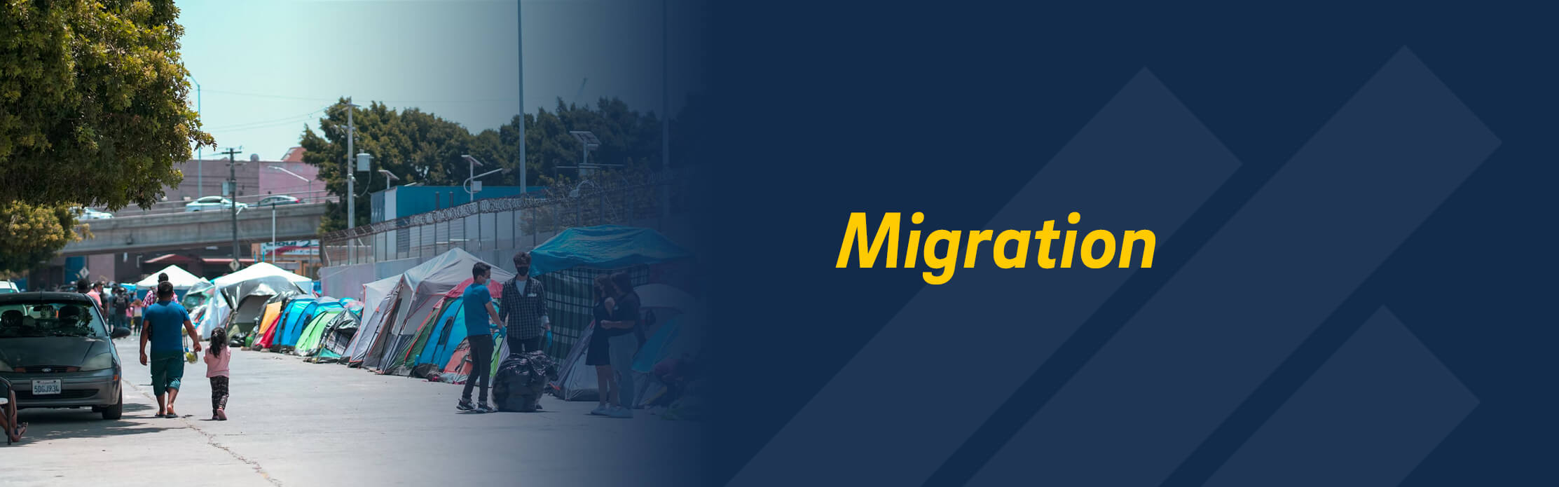 Photo of people set up near a wall of tents in Tijuana; the right side has a dark blue overlay with the UC San Diego branded element of a stylized trident