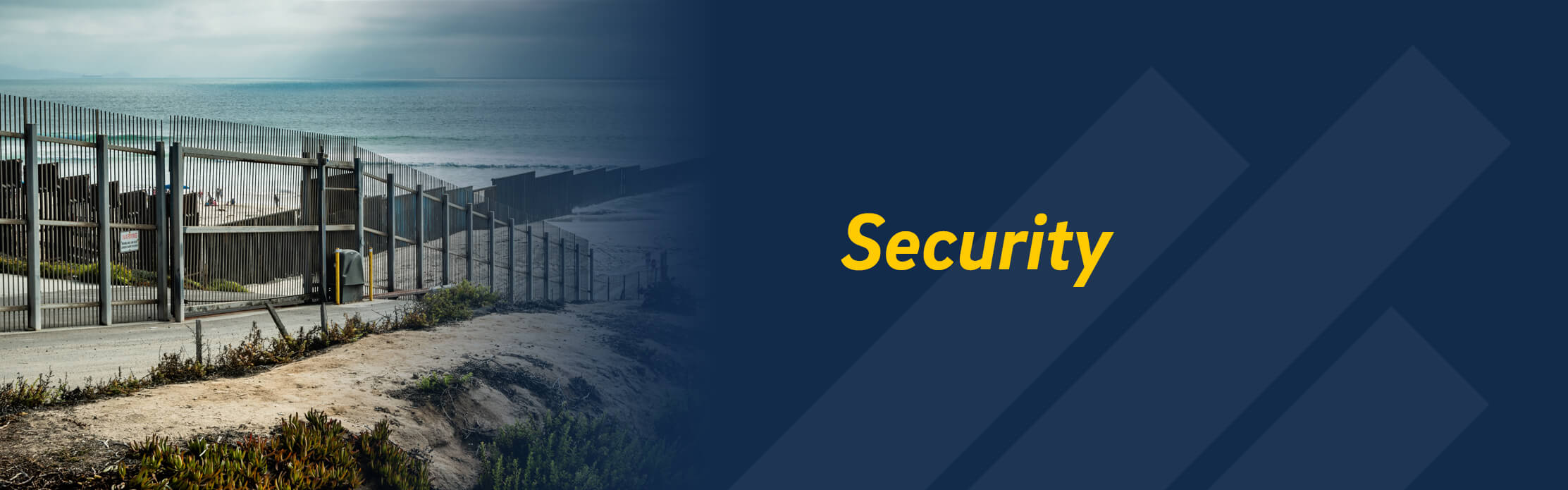 Photo of a secure wall between the US and Mexico extending into the ocean; the right side has a dark blue overlay with the UC San Diego branded element of a stylized trident